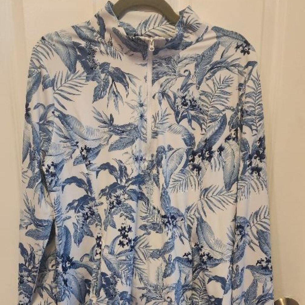 Tommy Bahama Tabu Jungle Long Sleeve Golf Zip Top Blue Floral Hawaiian XL